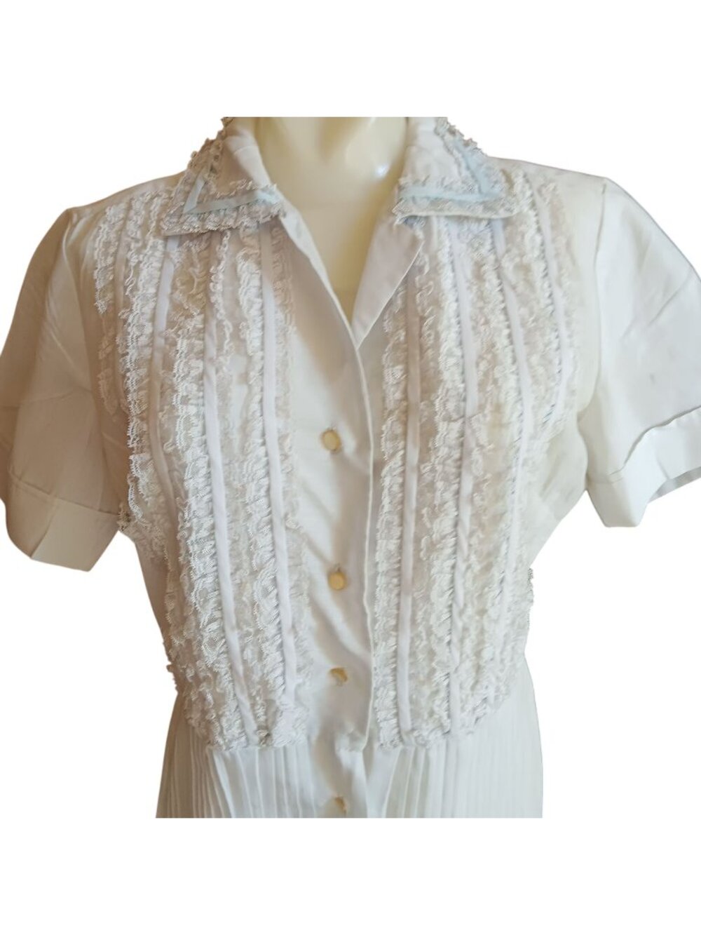 True Vintage Dress sz 14 Large Lace Ruffle Pale Blue Pleated Midi Wedding 1970's